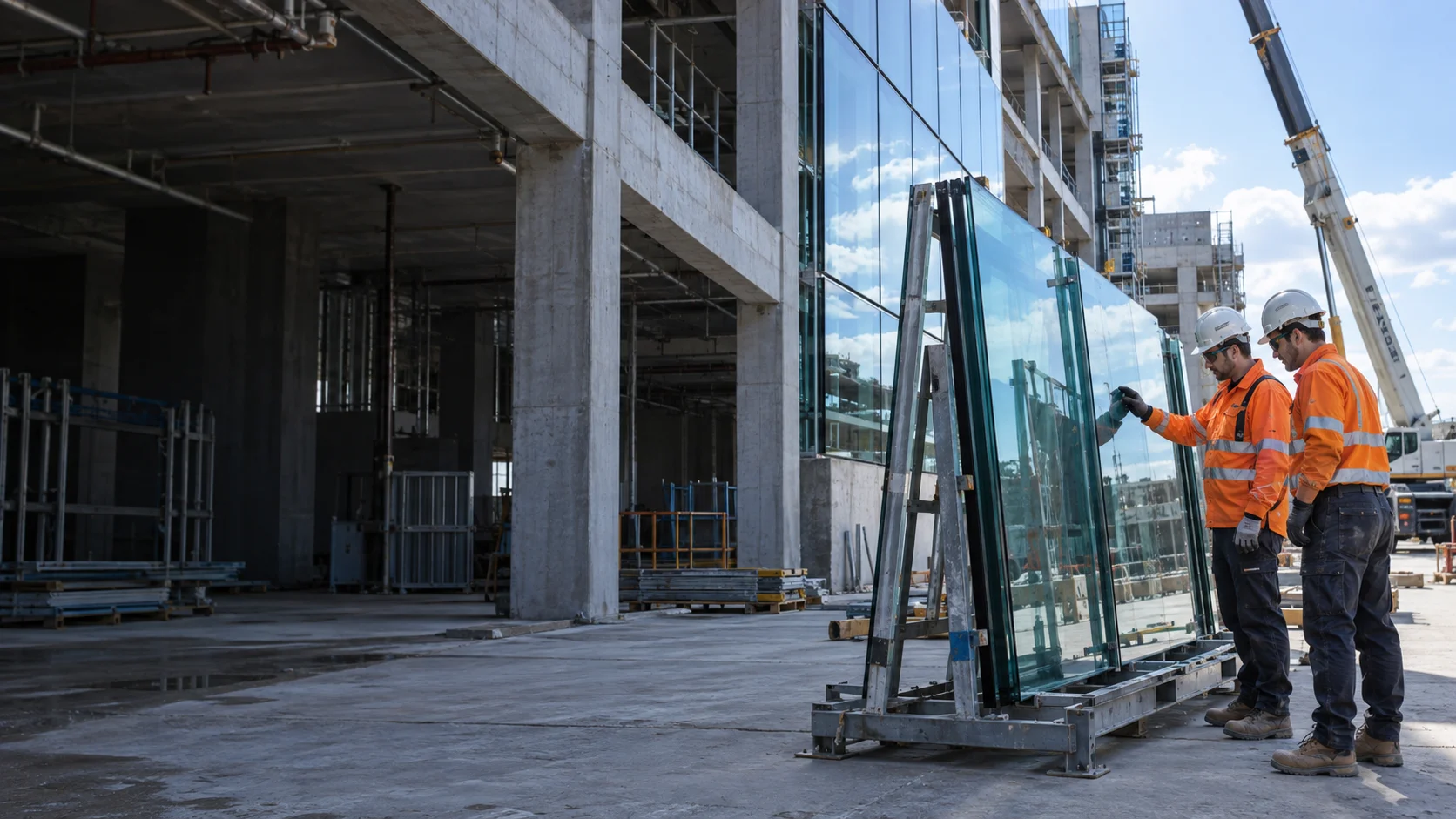 Concept photograph of a glazing crew beside glass panels on a commercial construction site