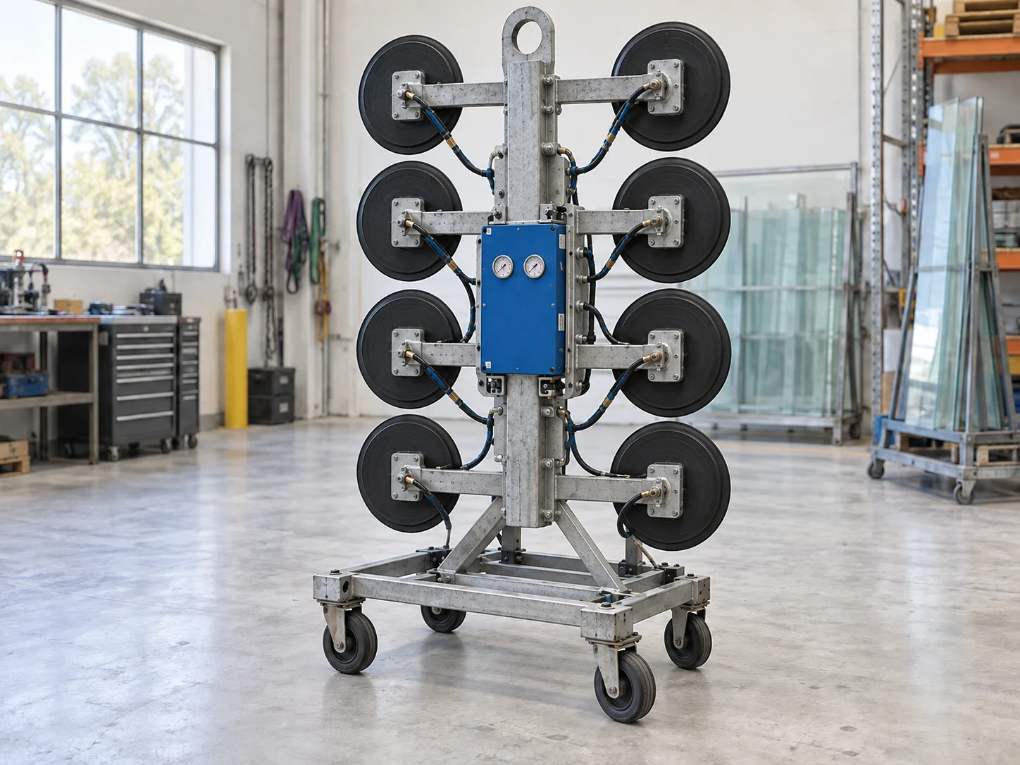 Concept photograph of a glass vacuum lifter in a workshop